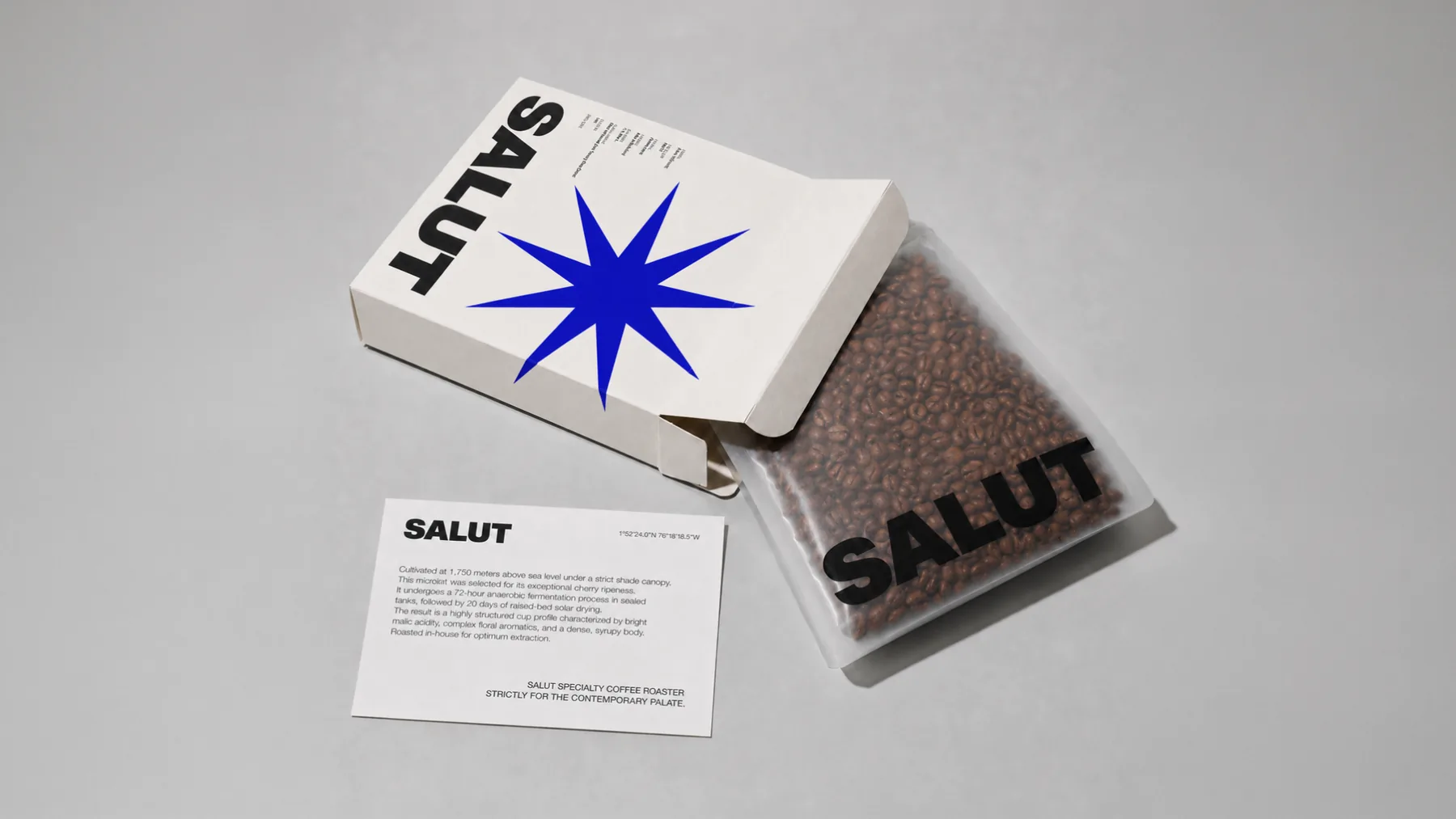 Salut — packaging: caja, bolsa de café y ficha técnica