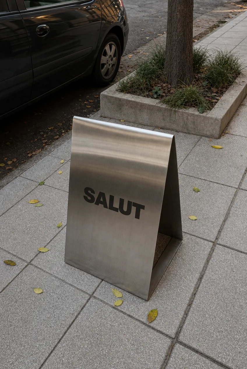 Salut — cartel de acero inoxidable en la calle